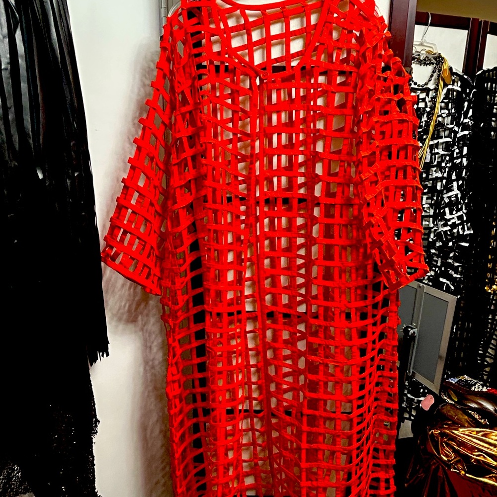Rich looking open red vest, long sleeve and long one size fits most cotton vest